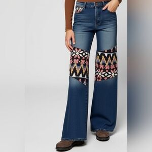 We The Free Blue Flare Jeans with Colorful Embroidery